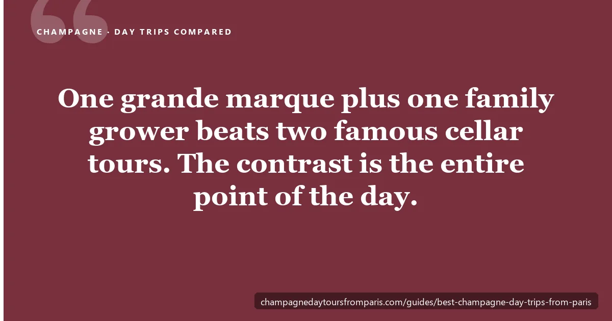 Pull-quote card: one grande marque plus one family grower beats two famous cellar tours — the contrast is the entire point of the day