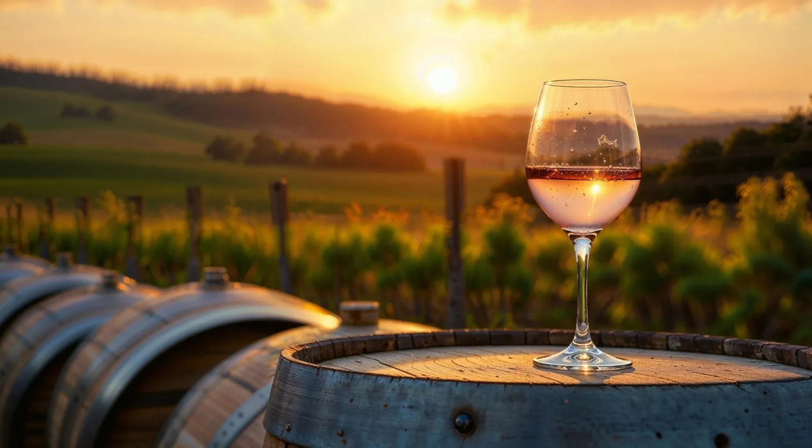 A glass of rosé Champagne standing on an oak barrel at sunset, with vineyards behind