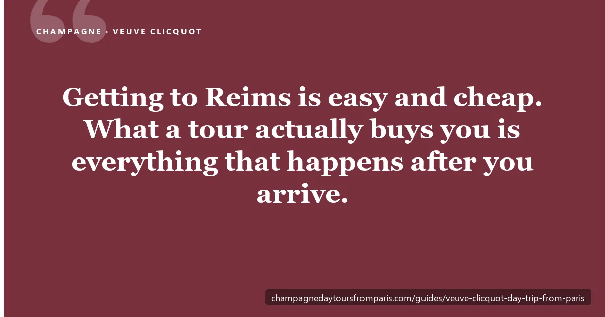 Pull-quote card: getting to Reims is easy and cheap — what a tour actually buys you is everything that happens after you arrive
